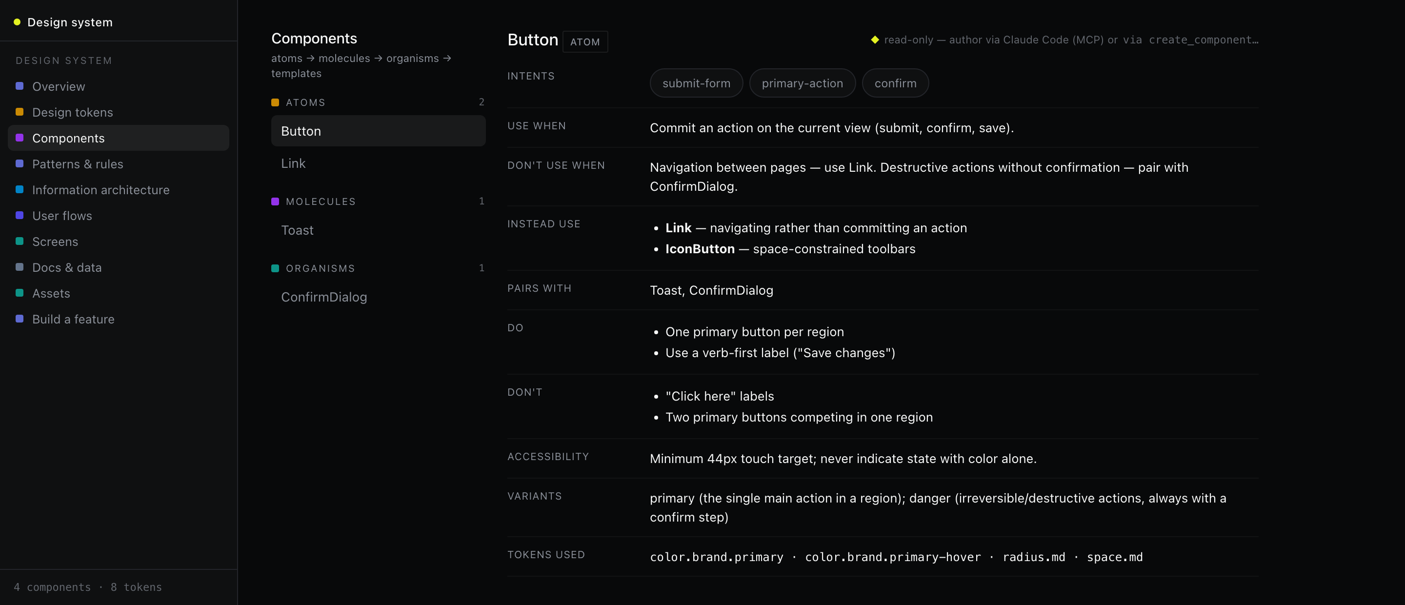 A component card with usage rules in the dsk visualizer